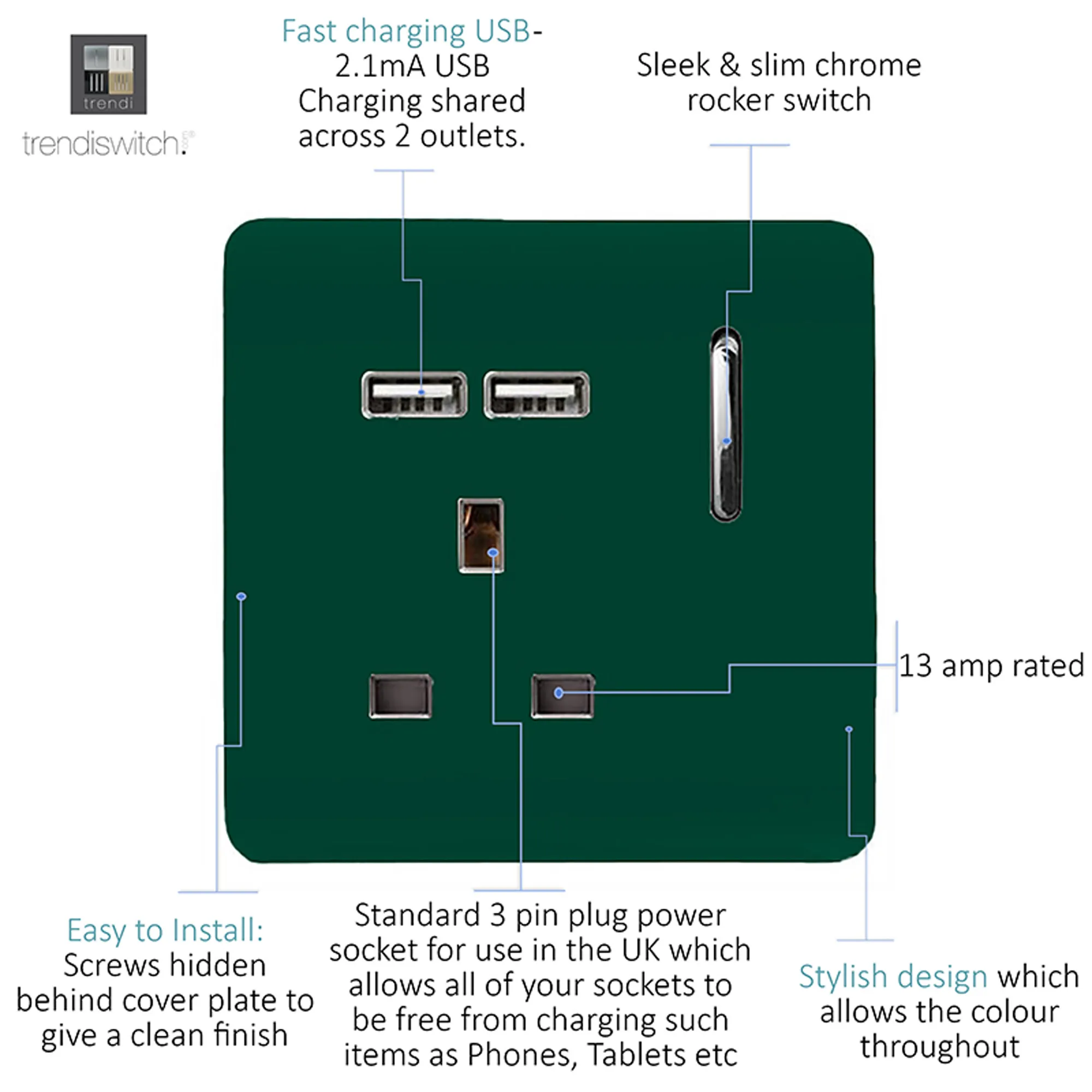 1 Gang 13Amp Switched Single Socket With 2 x USB Dark Green ART-SKT13USBDG  Trendi Dark Green